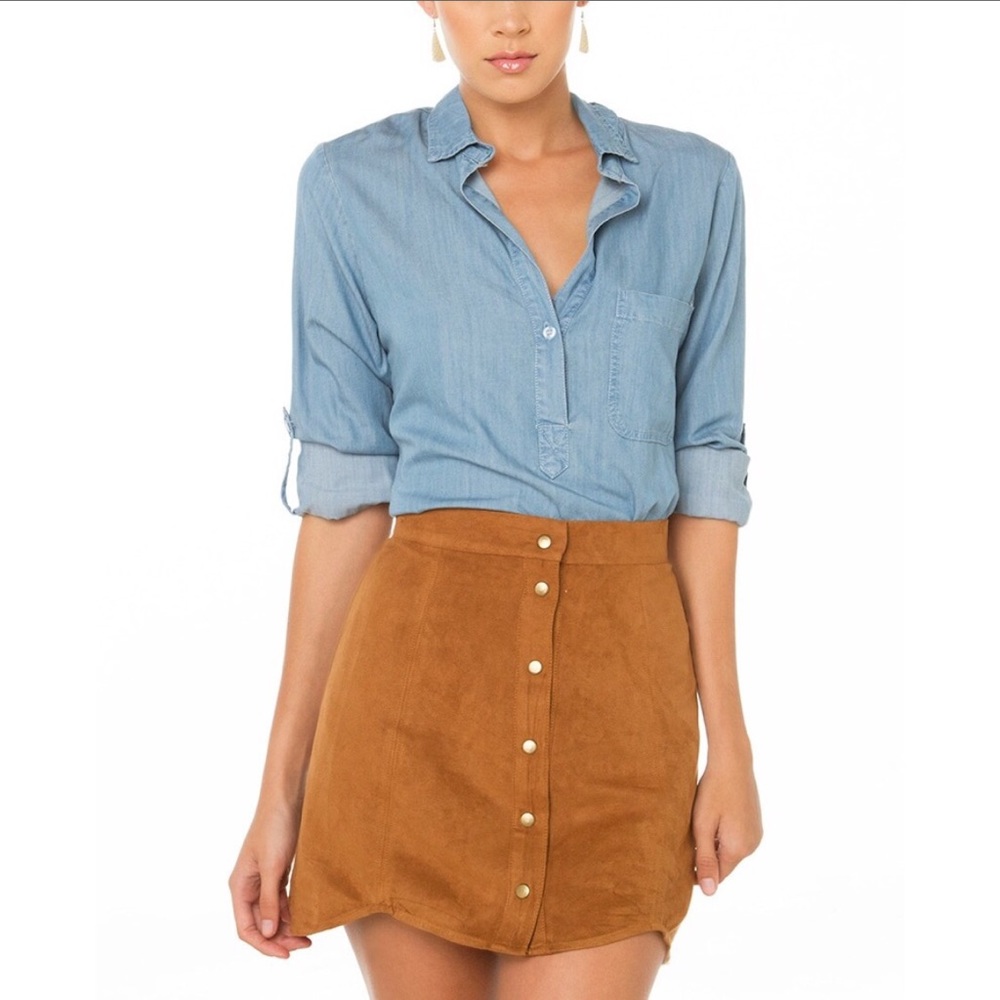 Camel Suede Scallop Hem line and Snap-Front Mini Skirt